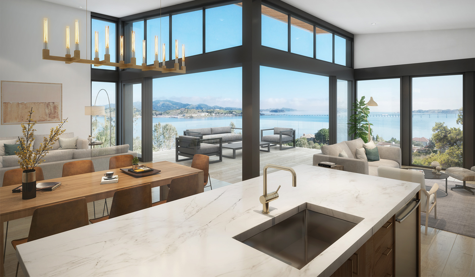 Oak Shore - View of Kitchen, Living Room, Dining Room, Patio and view of ocean and mountains